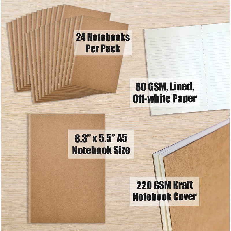 Better Office Products Kraft Notebooks with Lined Paper, 24 Pack,
