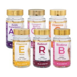 Juveternal Kit 6 Frascos Cápsulas Faciales Ácido Hialurónico + Colágeno Biotina + Vitamina C + Vitamina E + Biotina + Retinol, 90 cápsulas c/u, Efecto