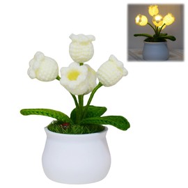 Aiouclay 5pcs Crochet Lily of The Valley Lamp, Artificial Tabletop Flowers Pot with Night Lights, Crochet Flowers Artificial Flower, Birthday Gifts for Friend Colleagues (5pcs with Lamp)