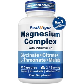 Magnesium Glycinate for Sleep, Extra Strength for Calm, 5-in-1 Complex Supplements as Glycinate, Citrate, Malate & L-Threonate with Vitamin B6, High Absorption, Ease of Swallow, 90 Vegan Capsules