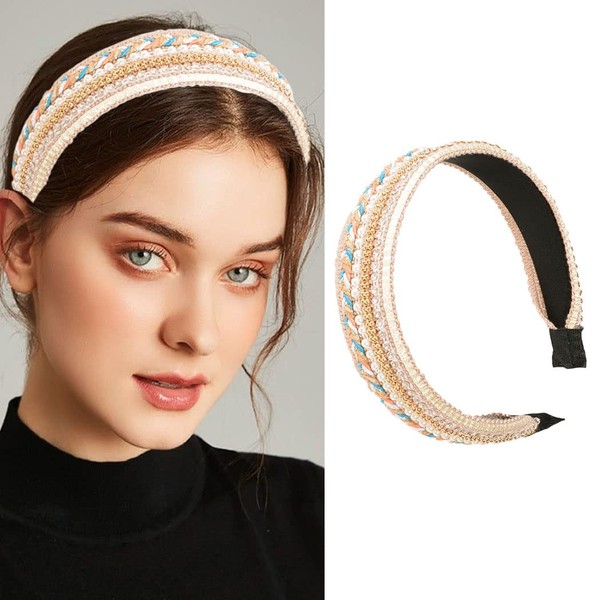Zoestar Wide Headband Braid Headdress Vintage Pearl Headband Stylish Elastic Hair Bands for Women and Girls (A)
