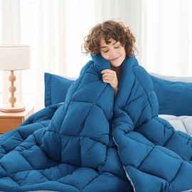 MUXHOMO 7 Pieces King Comforter Set, Reversible Bed in a Bag King Size, All Season Bedding Set with Comforter, Flat Sheet, Fitted Sheet, Pillowcases & Shams, Teal & Lake Blue