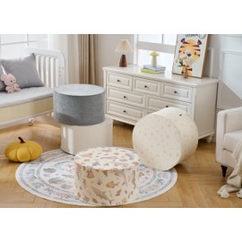 Weaverlane High Density Foam Pouf Ottoman for Living Room, Bedroom, Playroom, Full Foam Filling Footrest for Couch, Extra Seating Sealife Nautical Home Décor Large Firm Supportive PU (Cream Multi)