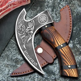 Viking Style Pizza Cutter Handmade Ulu Rocker Knife with Engraved Blade Durable Wooden Handle with Leather Grip Includes Leather Sheath (BLACK)