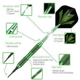 Soft Tip Darts Set – 20g Brass Barrels, Plastic Tips, Green Aluminum Shafts, 6 Flights, 50 O-Rings & 50 Extra Tips – for Electronic Dartboard