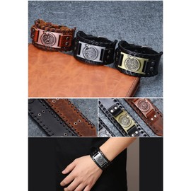 Thajaling Runic Compass Bracelet, Handmade Leather Cuff Bracelet, Celtic Pagan Bracelet, Nordic Viking Bracelet for Men (yellow)