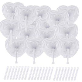 hxaiyouu 24/48Pcs White Heart Paper Fans Round Folding Fan Wedding Fans Chinese Handheld Fans with Plastic Handles for DIY Summer Wedding Birthday Party Favour (48, White)