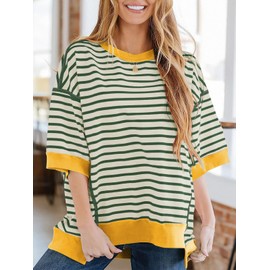 Poetsky Womens Summer Oversized Tops Casual Crewneck Short Sleeve Sweatshirt Striped Color Block Trendy Pullover Knitted Blouse High Low T Shirts, Green Stripe, S