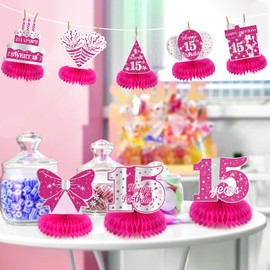 8Pcs Hot Pink 15th Birthday Party Decorations Girls Happy 15th Birthday Table Honeycomb Centerpieces for Table Decor Pink 15th Birthday Table Decorations Topper for Gilrs 15th Party Supplies