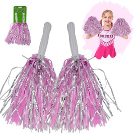 2-Pack Pink and Silver Cheerleading Pom Poms for Kids and Adults, 35cm Cheerleader Poms for Dance, Sports Events, Party Decorations, School Spirit, Team Performances and Costume Accessories