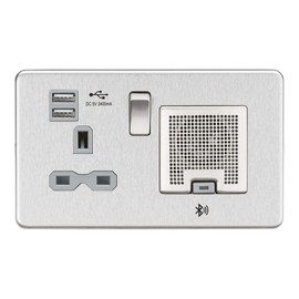 Knightsbridge SFR9905BCG Screwless Socket with 2.4 A USB Chargers and Bluetooth Speaker, Brushed Chrome with Grey Insert, 13 A