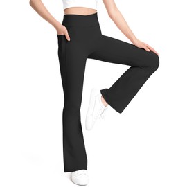 KEREDA Girls Flare Leggings High Waist Cross Bell Bottoms for Girls Yoga Dance Pants with Pockets Black 9-10 Years