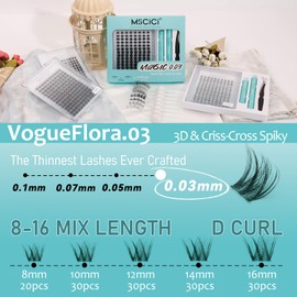 VogueFlora.03 EyeLash Clusters Kit 3D Volume 8-16mm D Curl - DIY Doll Eye Wet Look Eyelash Extensions Kit Ultra Soft Spiky Lashes Individual Fake Eyelashes Clusters Kit WideSpan Invisible Lash Band
