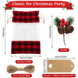 72 Pcs Christmas Drawstring Bags Set 24 Xmas Buffalo Plaid Burlap Candy Bags Linen Treat Bags with 3.28 ft Rope, 24 Kraft tags, 24 artificial Christmas Pine Picks Xmas Gift Wrapping (Organza)