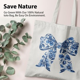 Veqzc Blue and White Bow Tote Bag,Coquette Blue and White Porcelain Chinoiserie Bow Canvas Tote Bags for Women, Vintage Blue Floral Tote Bag, Reusable Grocery Bags Shopping Bags