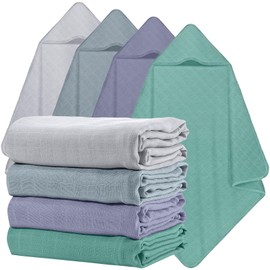 Preboun 4 Pcs Muslin Hooded Baby Towels,32"x 32" Cotton Newborn Bath Towel Muslin Infant Baby Blankets Absorbent Unisex Newborn Registry Gift for Girls Boys(Simple Colors)