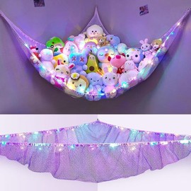 Stuffed Animals Net or Hammock   Storage Organizer with LED Light  Hanging Corner Stuffed Animals Holder  Girls Room Decor (Pack of 1) - Color: Twill Rainbow, Size: 51'' x 51" x 71" (Pack of 1)