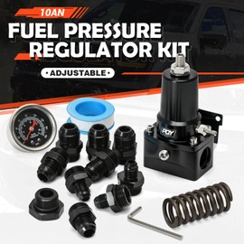PQY Adjustable Fuel Pressure Regulator Kit 30-140PSI With 10AN Return and 10AN feed Port with AN6 AN8 AN10 Connectors and Gauge (black)