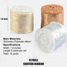 Flyhill Shimmering Frayed Soft Metallic Chiffon Silk Ribbon with Champagne Gold,White,Brown for Sewing Projects,Bridal Flower Bouquet,Wedding Invitations,Napkin Rings-1.5in x 15 Yard (3 Rolls)
