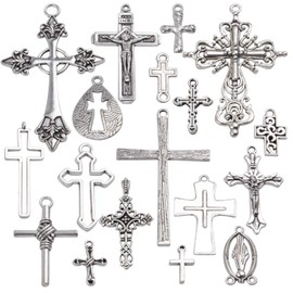 Cross Pendants Collection, 18 Pieces Mixed Jesus Christ Crosses Charms Metal Pendant Jewelry Findings for Making Bracelet and Necklace - Antique Silver