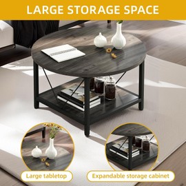 DWVO Round Coffee Table, Small Coffee Table for Living Room, 2 Tier Circle Table with Open Storage Shelf, Rustic Wood Coffee Table with Metal Frame, Easy Assembly, Grey