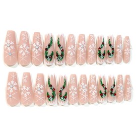 Festive Follies With Rhinestones Matte Long Coffin Press On Nails - 24 Pieces - Artificial Nails - Winter Nails - Christmas Nails
