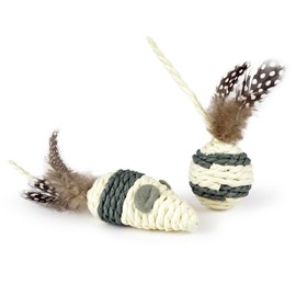 TTcat Cat Toys Set with Paper Rope & Feathers Ball and Mouse - 2 Pack, Interactive Toys for Indoor Cats,Kittens