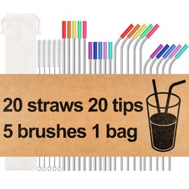20 Pack Reusable Stainless Steel Metal Straws,10.5" & 8.5" Reusable Drinking Straws with 20 Silicone Tips 5 Straw Brushes 1 Travel Case,Eco Friendly Extra Long Metal Straw Fit for 20 24 30 oz Tumbler
