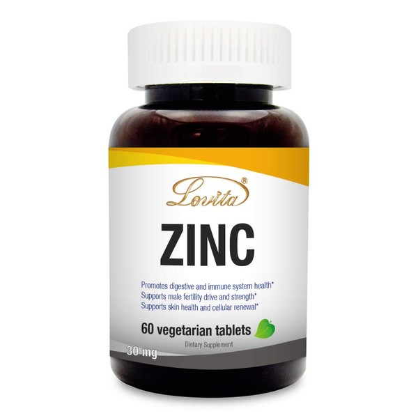 Lovita Zinc 30mg, Well-Absorbed Chelated Zinc Supplements for Men & Women, Vegan Zinc Non GMO, for Immune Support & Healthy Skin, Gluten Free, 60 Vegetarian Tablets (2 Month Supply)