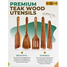 Handmade Wooden Spatulas for Cooking, Heat Resistant Teak Wood Spatula and Turner of Different Size, Nonstick Wooden Utensil Set for Kitchen Cooking (5Pcs)