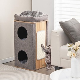 PETSITE 3-Story Cat House, Cat Condo with Scratching Board, 2 Hideaways & Top Perch, 3 Cushions, Modern Barrel-Shaped Cat Condo Furniture for Indoor Cats, Multi-Layer Elevated Kitten Bed Caves