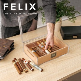 CASE ELEGANCE - Felix Tupperdor - Airtight Acrylic Humidor, Thick Removable Spanish Cedar Tray, Accurate Digital Hygrometer, Acrylic Divider, & Polish Cloth, Holds 35-45 Cigars