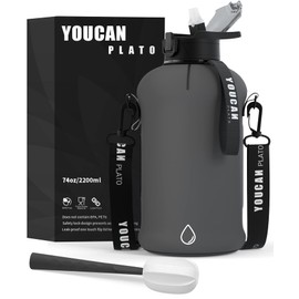 youcanplato YOUCAN PLATO Half Gallon Water Bottle with Straw, Large Water Bottle,Gallon Water Jug, Big Gym Water Bottle with Storage Sleeve BPA Free with Handle and Bottle Brush 74 OZ (Gray)