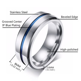 MMTTAO Men's Titanium Ring Wedding Bands for Men Women 8MM Blue Plated Engagement Band Wedding Ring Beveled Edges High Finish & Polished Grooved Center Comfort Fit Jewelry for His & Her, Blue, Size 6