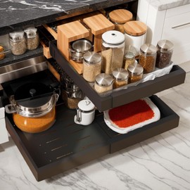 Sliding Kitchen Cabinet Organizer Carbon Steel Kitchen Organizer, Space Saving, 12.6" to 20.47", 2.95" High, 3-Track Design, Comes with Installation-Free Stickers and Mounting Screws, 1-Pack (Black)