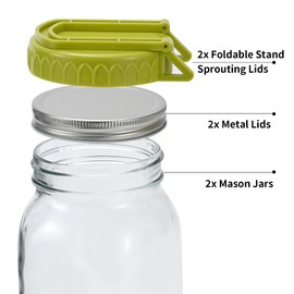 Happyiren Complete Sprouting Kit - 2 Large Wide-Mouth Mason Jars 32 Oz, 2 Foldalbe Screen Lids with Draining Stand, 2 Metal Canning Lids, Bean Sprouts Grow Kit for Broccoli alfalfa