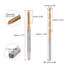 uxcell M2.5 x 0.45 Spiral Point Thread Tap and 2.1mm Twist Drill Bit Set, Metric Titanium Plated 6542 High Speed Steel Machine Screw Thread Tap Threading Tool