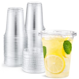Eupako 12 oz Plastic Cups with Lids 100 Sets Clear Disposable Plastic Party Cups with Flat Lids to Go, Cold Drink Cups, Smoothie Cups, Milkshake Cups