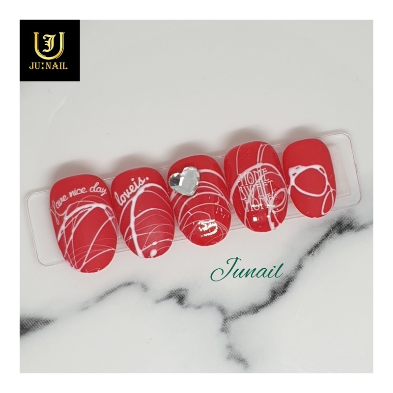 Red Drawing Handmade Nail Tips - Long Round / 레드드로잉