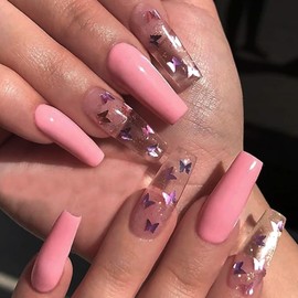 Brishow French Stick-On Nails, Pink Artificial Nails, Long Press On Nails with Butterfly, Ballerina, Acrylic False Fingernails, Pack of 24 for Women and Girls