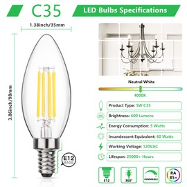 MAXvolador Dimmable E12 Candelabra LED Light Bulbs 60W Equivalent, Neutral White 4000K, 600LM LED Chandelier Bulb, B11 Candle Light Bulbs, Pack of 5