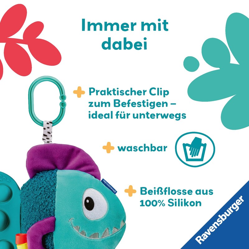Ravensburger 4876 play+ Pop-it Piranha (blue), cuddly toy with many