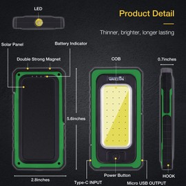 WARSUN Led Rechargeable Portable Magnetic Waterproof Solar Flood Light for Outdoor Camping Hiking Emergency Car Repairing (USB Charging, Green)