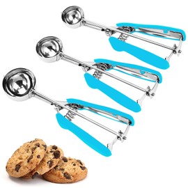 Cookie Scoop Set, 3Pcs Ice Cream Scoop, Cookie Scoops for Baking Set of 3, 18/8 Stainless Steel Cookie Scooper for Baking, Ice Cream Scooper with Trigger Release, Blue Soft Grip Cookie Dough Scoop