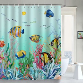 Bonhause Shower Curtain Fish Coral Underwater Ocean Blue Shower Curtains 180 x 180 cm Anti-Mould Waterproof Polyester Fabric Washable Bathroom Curtain for Bathroom with 12 Hooks