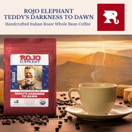 Rojo Elephant Teddy's Darkness to Dawn Handcrafted Italian Roast Whole Bean Coffee, Made From 100% Arabica Beans, Premium, Smooth, Rich Flavor, USDA Organic, 11 0z Pack