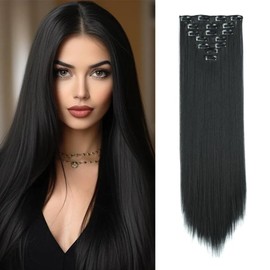 Alifuao 7PCS Clip in Hair Extensions 22" Long Straight Hair Pieces Black Hair Extensions Natural Soft Hairpieces for Women