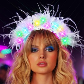 ACEDRE Light Up Feather Headband White Glowing LED Flower Crown Wedding Costume Hair Accessories for Women