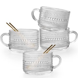 Ymyaye Vintage Glass Coffee Mugs Set of 4, 14 Ounces Embossed Glass Coffee Cups Stackable Coffee Mugs for Cereal, Yogurt, Latte, Clear Breakfast Cups with Handle for Hot or Cold Beverages (Beads*4)