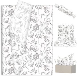 JarThenaAMCS 100 Sheets Kapok Floral Tissue Paper White Black Flower Wrapping Paper Vintage Botanical Decorative Art Paper for Party DIY Crafts, 14 x 20 Inch